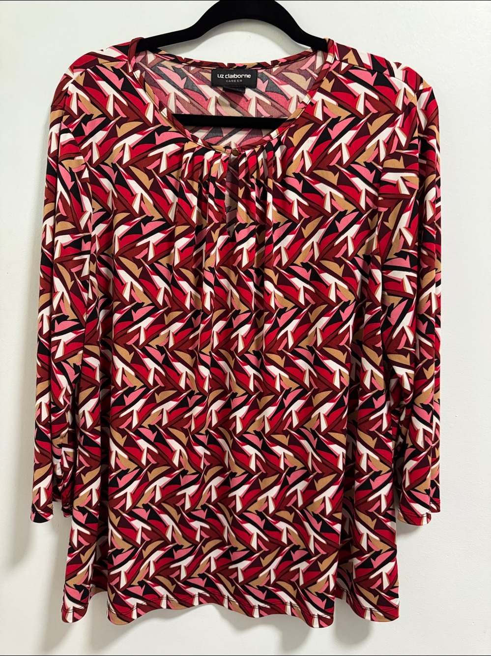 Liz Claiborne Career Red Pink Brown Geometric Long-Sleeve Top